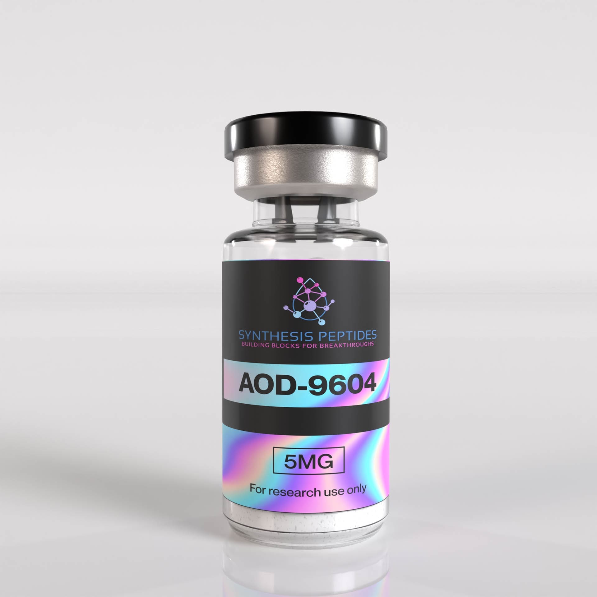 Synthesis Peptides - A vial labeled Synthesis Research Peptides AOD-9604 features a holographic label, with "5MG" and "For research use only" printed clearly, set against a plain white background.