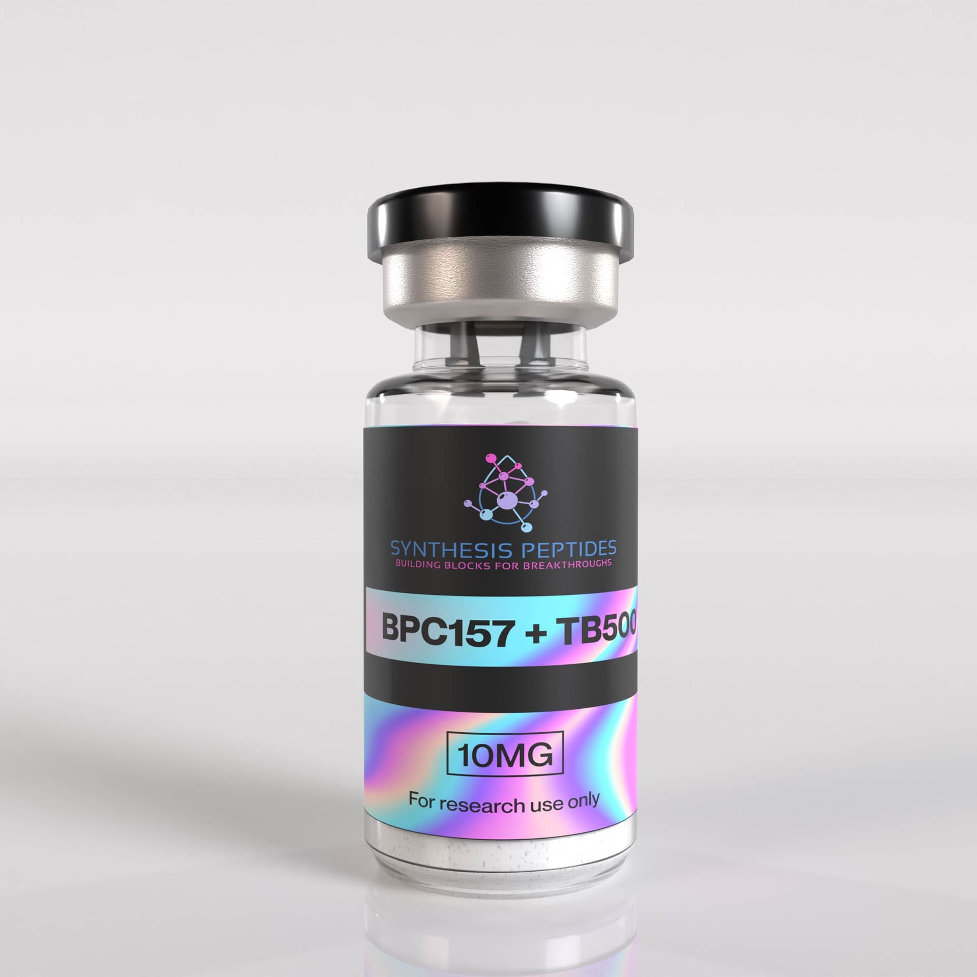 Synthesis Peptides - A small vial labeled SYNTHESIS RESEARCH PEPTIDES BPC157 + TB500, 10MG, For research use only, with a rainbow-colored accent on a light, reflective surface.