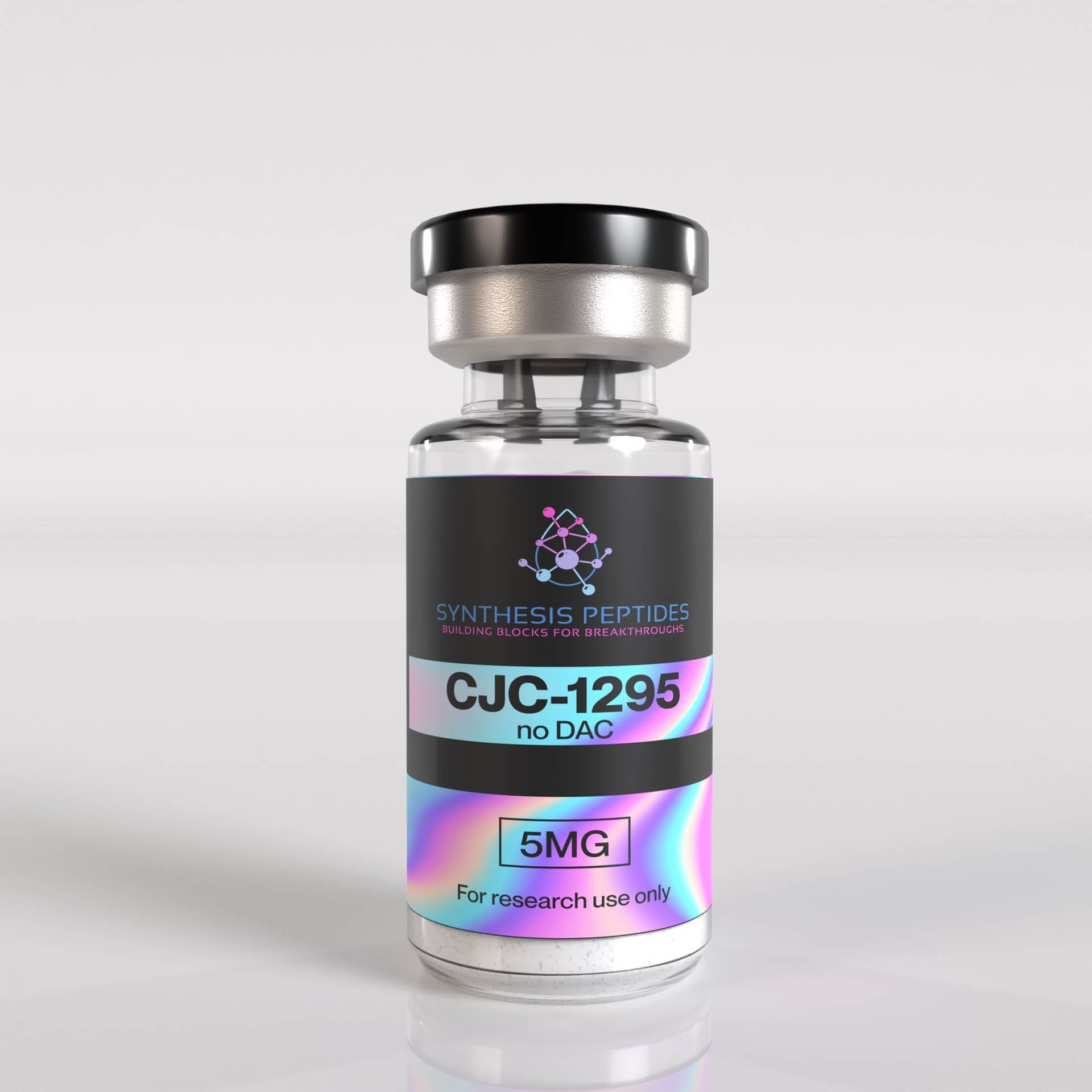 Synthesis Peptides - A clear vial labeled CJC-1295 no DAC from Synthesis Peptides, featuring 5MG in a purple box and For research use only on the label, highlights quality research peptides against a plain light background.