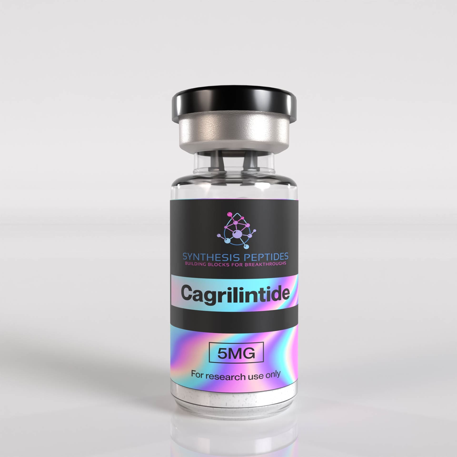 Synthesis Peptides - A vial labeled Cagrilintide 5MG from Synthesis Peptides, with a colorful label and the text For research use only, set against a plain, light background—ideal for those seeking quality research peptides.