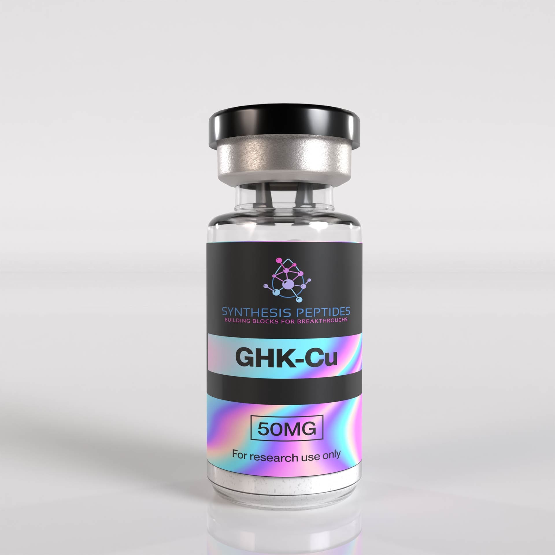 Synthesis Peptides - A clear glass vial labeled SYNTHESIS PEPTIDES GHK-Cu 50MG, with a metallic cap and reflective label, sits on a white surface. Ideal for research peptides work, the label states: For research use only.