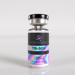 Synthesis Peptides - A clear vial with a black cap labeled “SYNTHESIS PEPTIDES TB-500 5MG” and “For research use only,” featuring a molecular graphic and iridescent design on a white background, showcases premium research peptides.