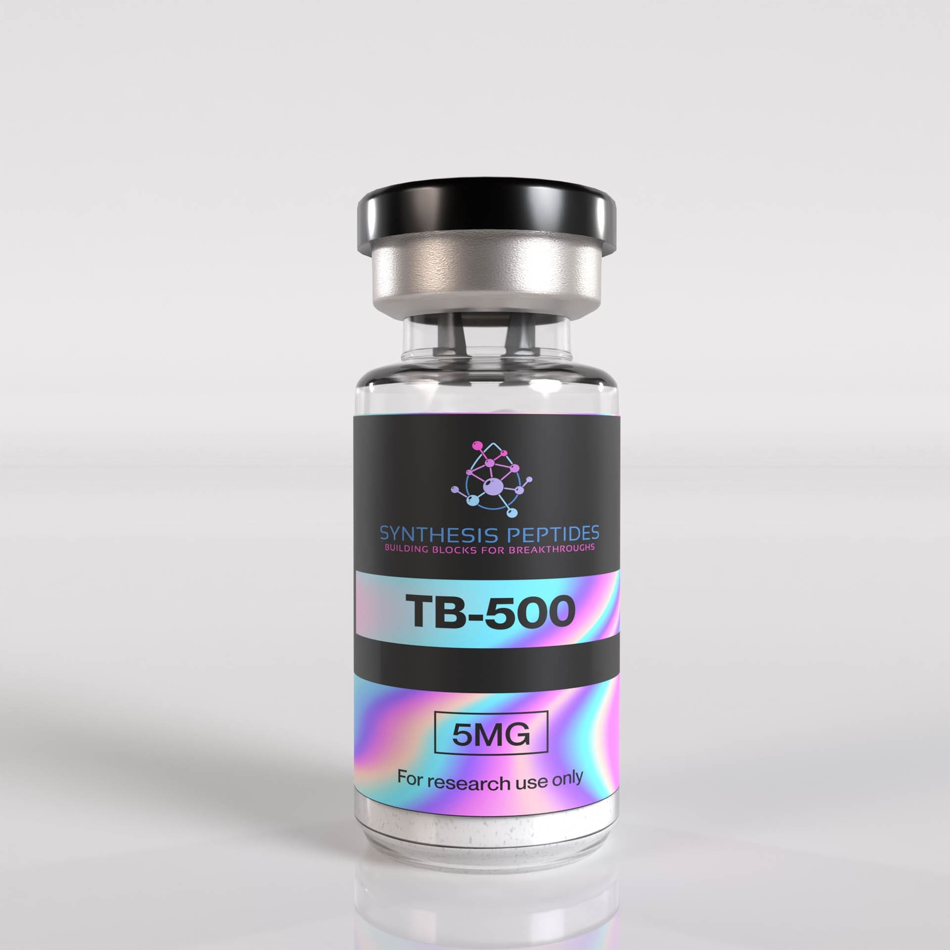 Synthesis Peptides - A clear vial with a black cap labeled “SYNTHESIS PEPTIDES TB-500 5MG” and “For research use only,” featuring a molecular graphic and iridescent design on a white background, showcases premium research peptides.