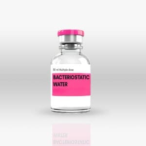 Synthesis Peptides - A clear glass vial with a pink cap and label reading “BACTERIOSTATIC WATER, 30 ml Multiple dose,” stands upright on a white reflective surface—ideal for use in mixing research peptides—against a light gray background.