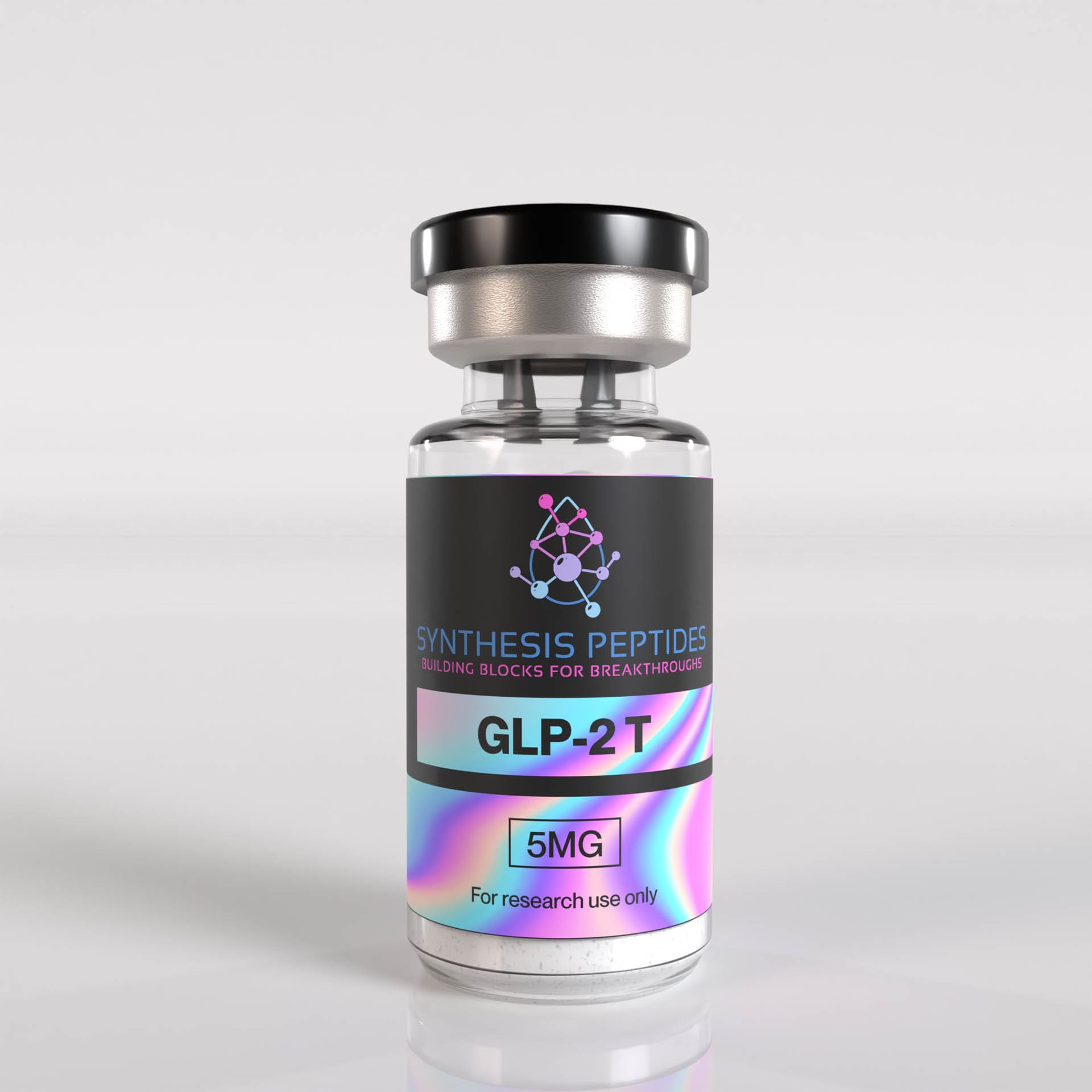 Synthesis Peptides - A clear vial labeled Synthesis Research Peptides Selank 5MG with a black cap and iridescent accents sits on a reflective surface. The label states it is for research use only.