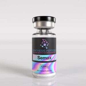 Synthesis Peptides - A clear vial labeled SYNTHESIS PEPTIDES, BUILDING BLOCKS FOR BREAKTHROUGHS, Selank, 10MG, research peptides for investigational use only with a black cap, set against a plain white background.