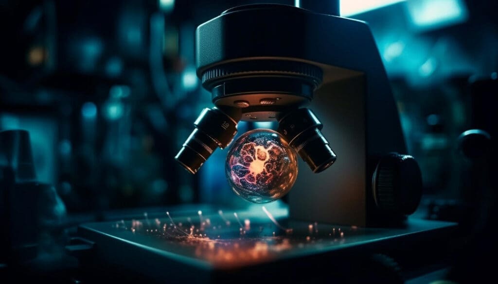 Synthesis Peptides - A glowing, detailed spherical object under a microscope lens, surrounded by a vibrant, blue-lit laboratory background, suggesting scientific research or microscopic observation of peptides.